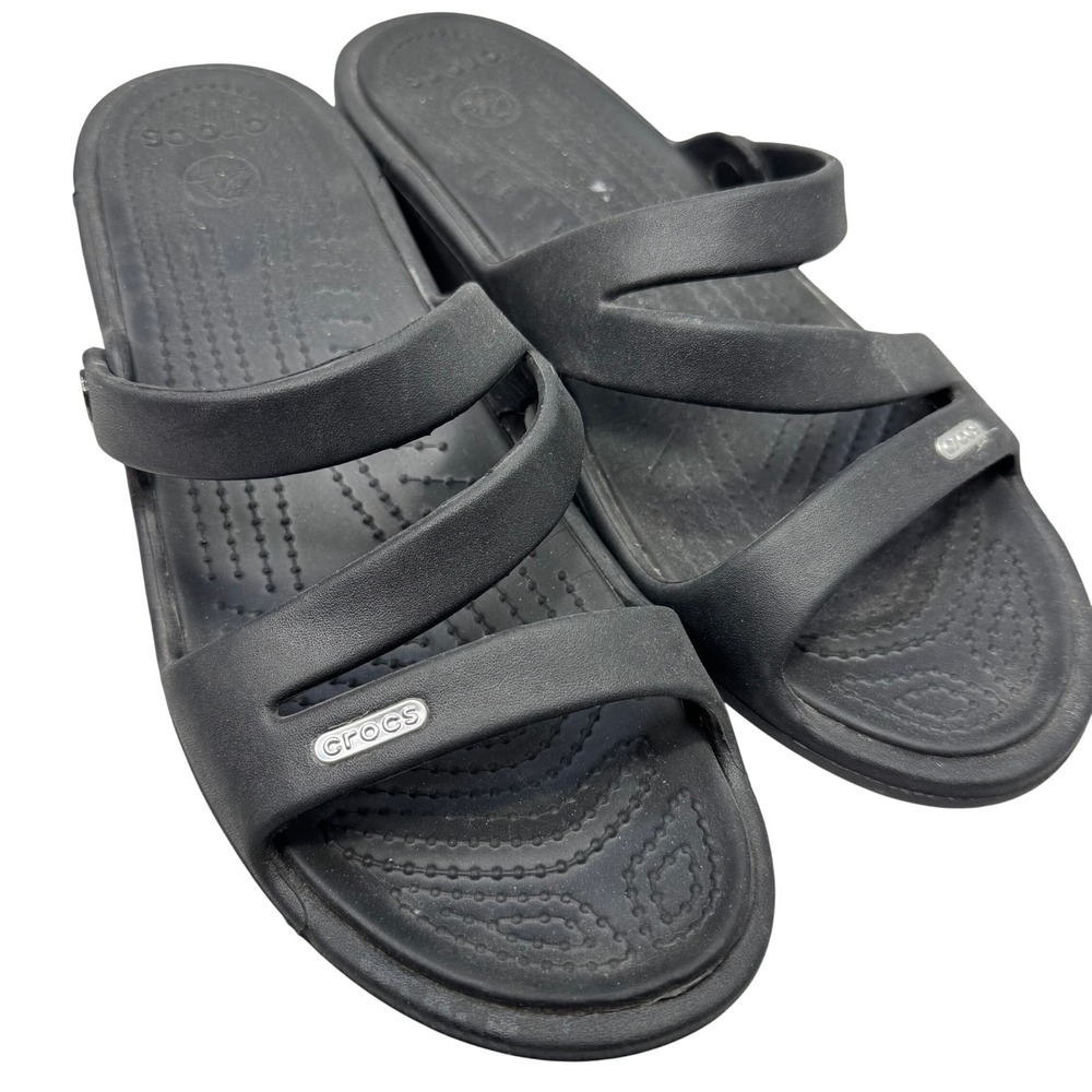 Crocs Patricia‎ Wedge Sandals Womens Size 11 Black Strappy Open Toe Casual